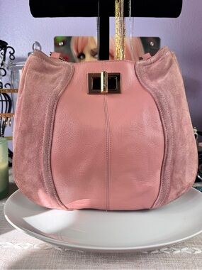 b. makowsky Dusty Pink Leather & Suede Shoulder Bag with Gold Turn-Lock